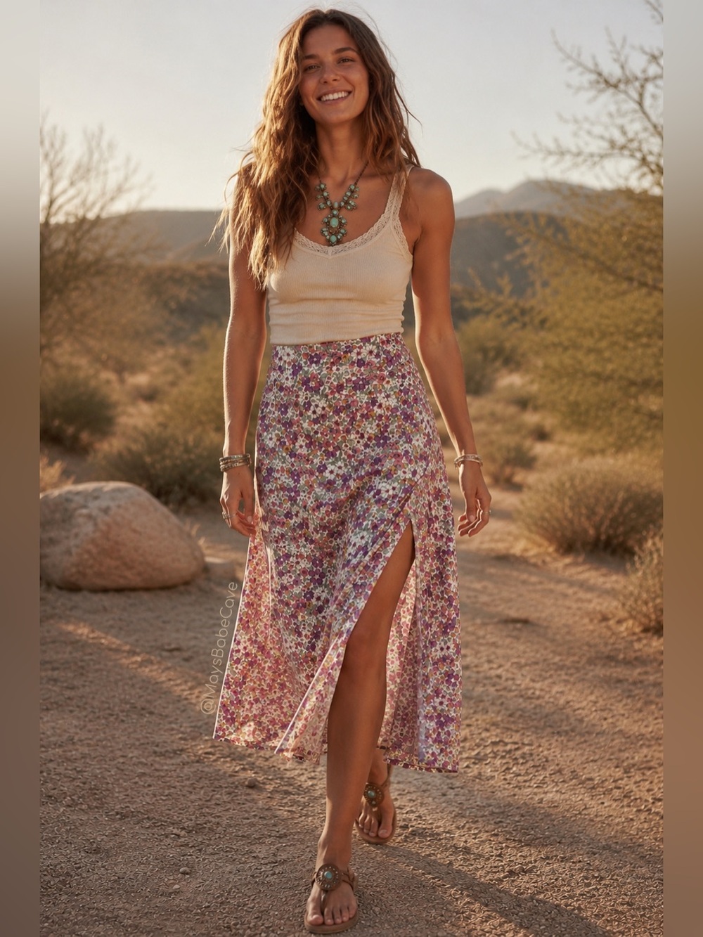 Dainty Floral Side Slit Flowy Midi Skirt